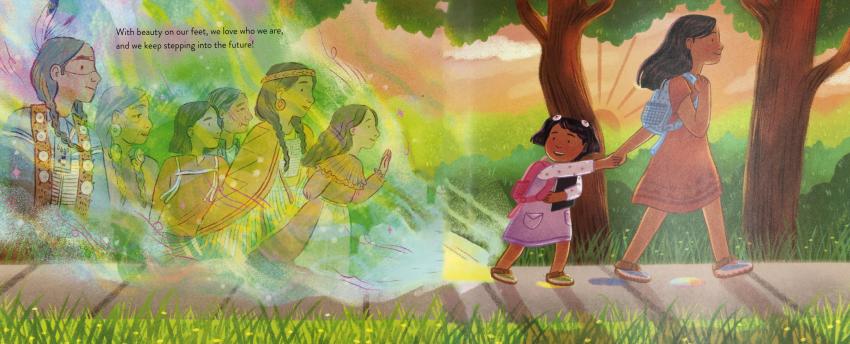 Illustration of woman and girl walking. 