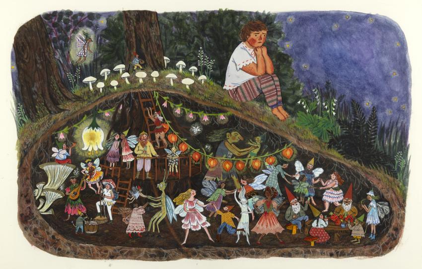 Illustration of gnomes under mushroom hill. 