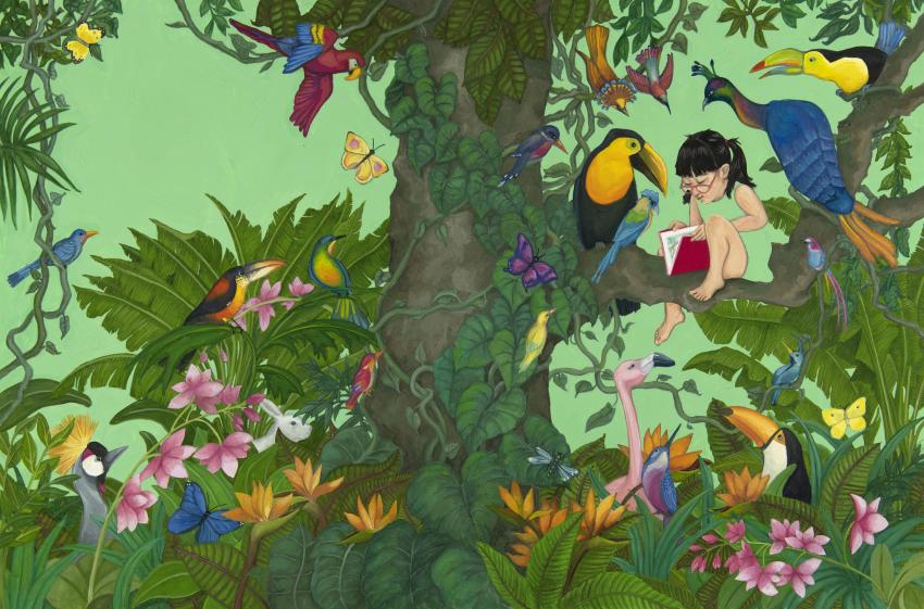A girl reading in a jungle surrounded by birds and flowers. 
