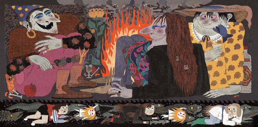 Illustration of witches in cave. 