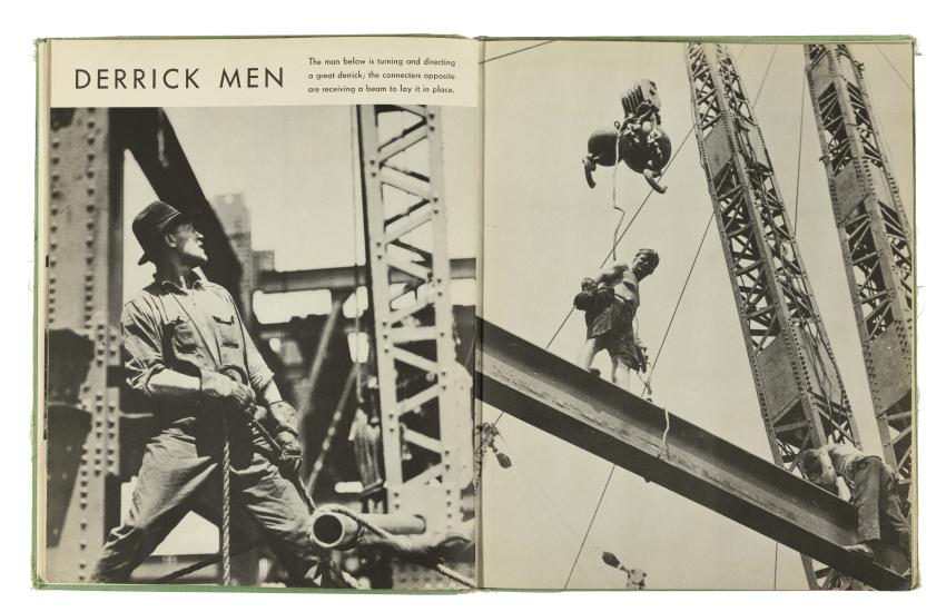 Photograph of book spread showing men working 