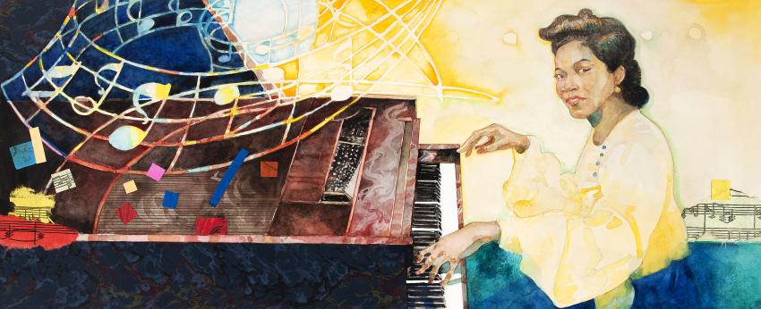 Illustration of woman playing piano. 