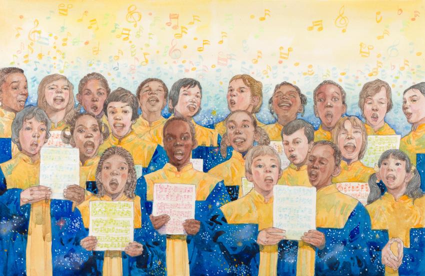 Illustration of choir singing. 