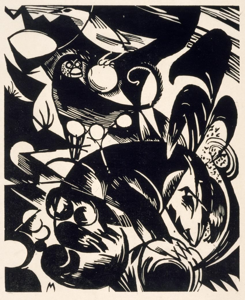 Abstract print in black ink of animal-like shapes. 