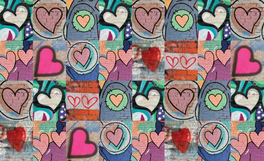 Photograph of mural of hearts. 