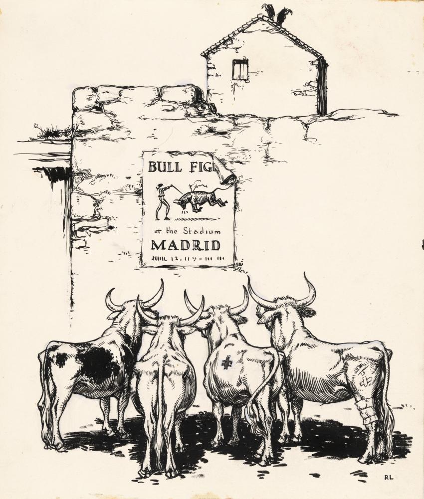 Ink drawing of bulls standing around sign. 