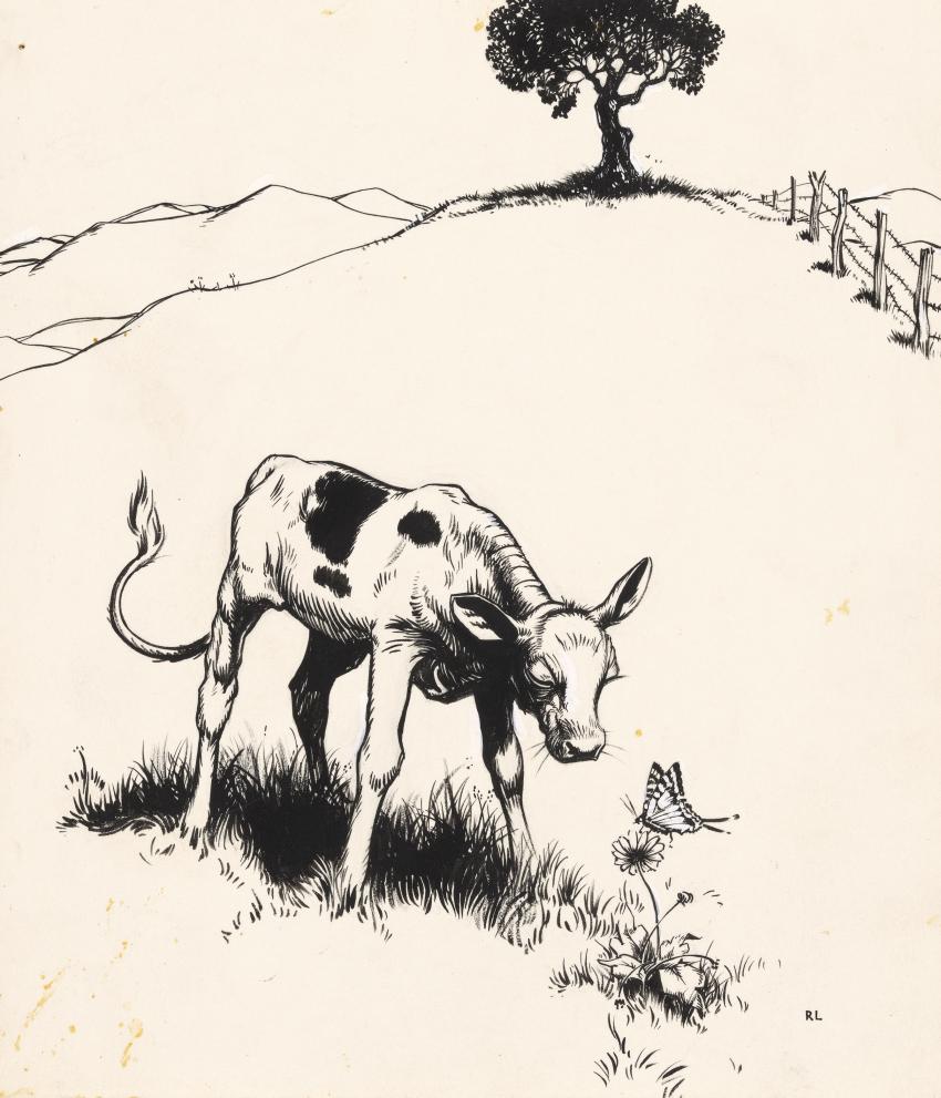 Illustration of bull sniffing flower 