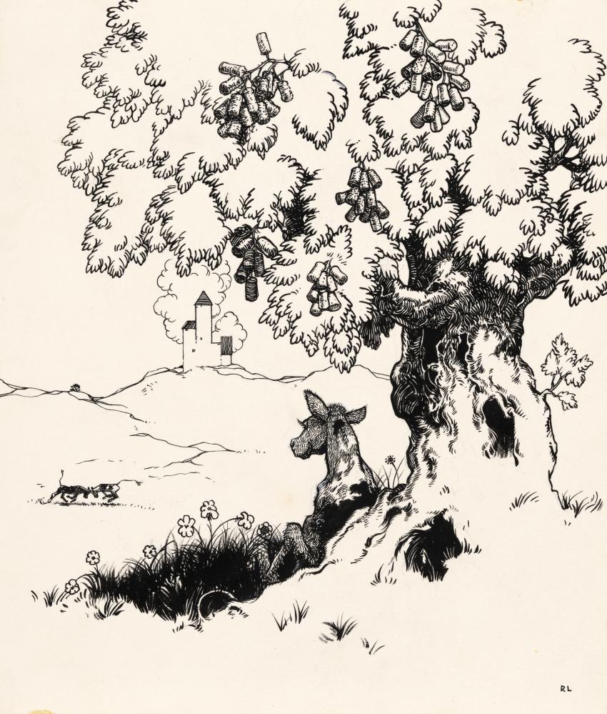 Bull sitting under a tree. 