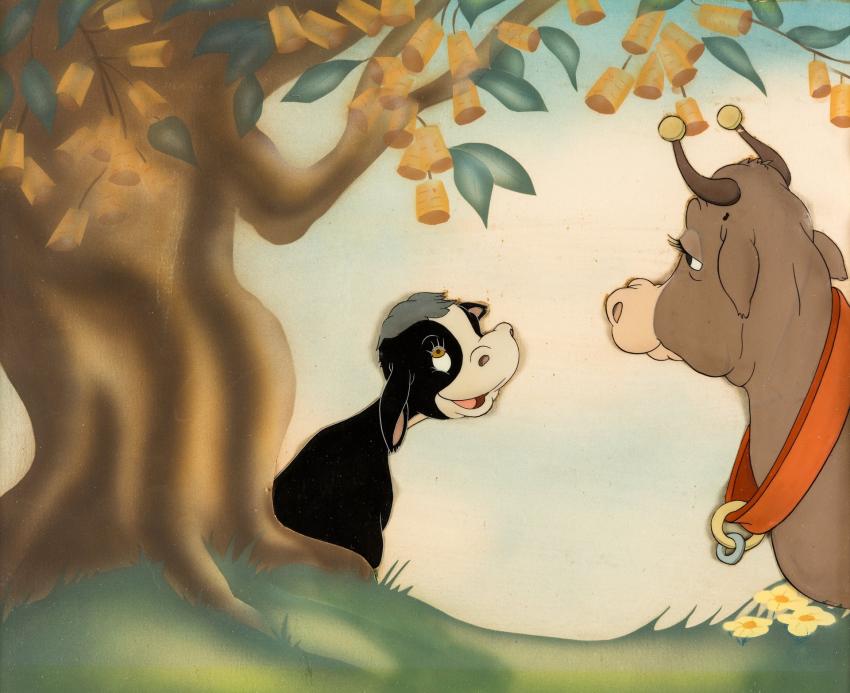 Animation cel of calf and mom cow under tree. 