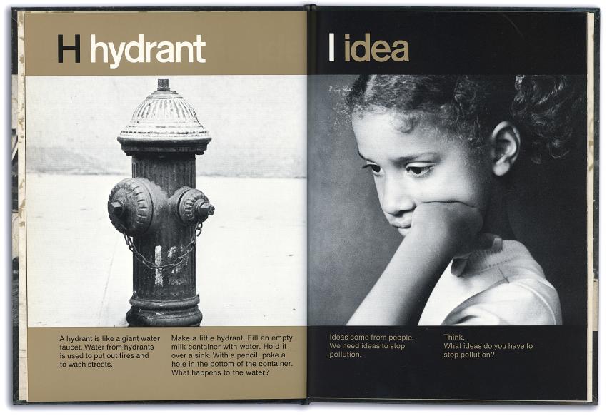 Page spread of photos of hydrant and child thinking. 