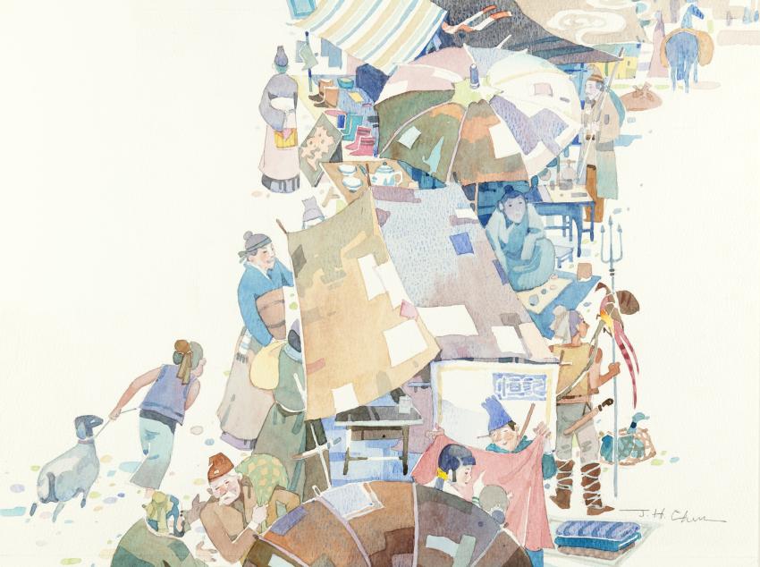 illustration of packed market, 