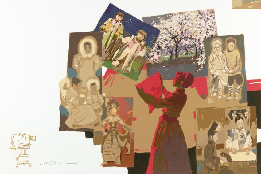 Illustration of woman looking at pictures. 