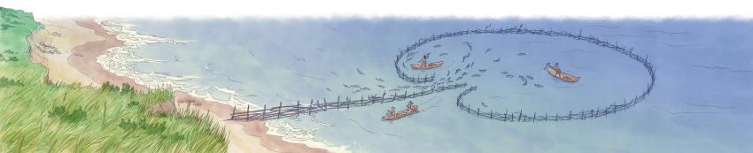 Illustration of water and canoes