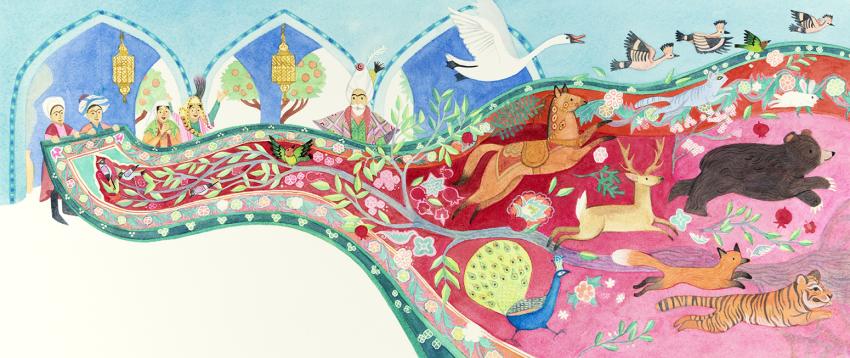 Illustration of animals running of rug. 