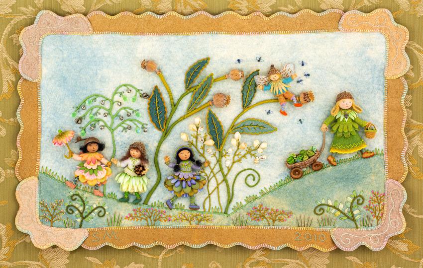 Illustration of figures in field of posies. 