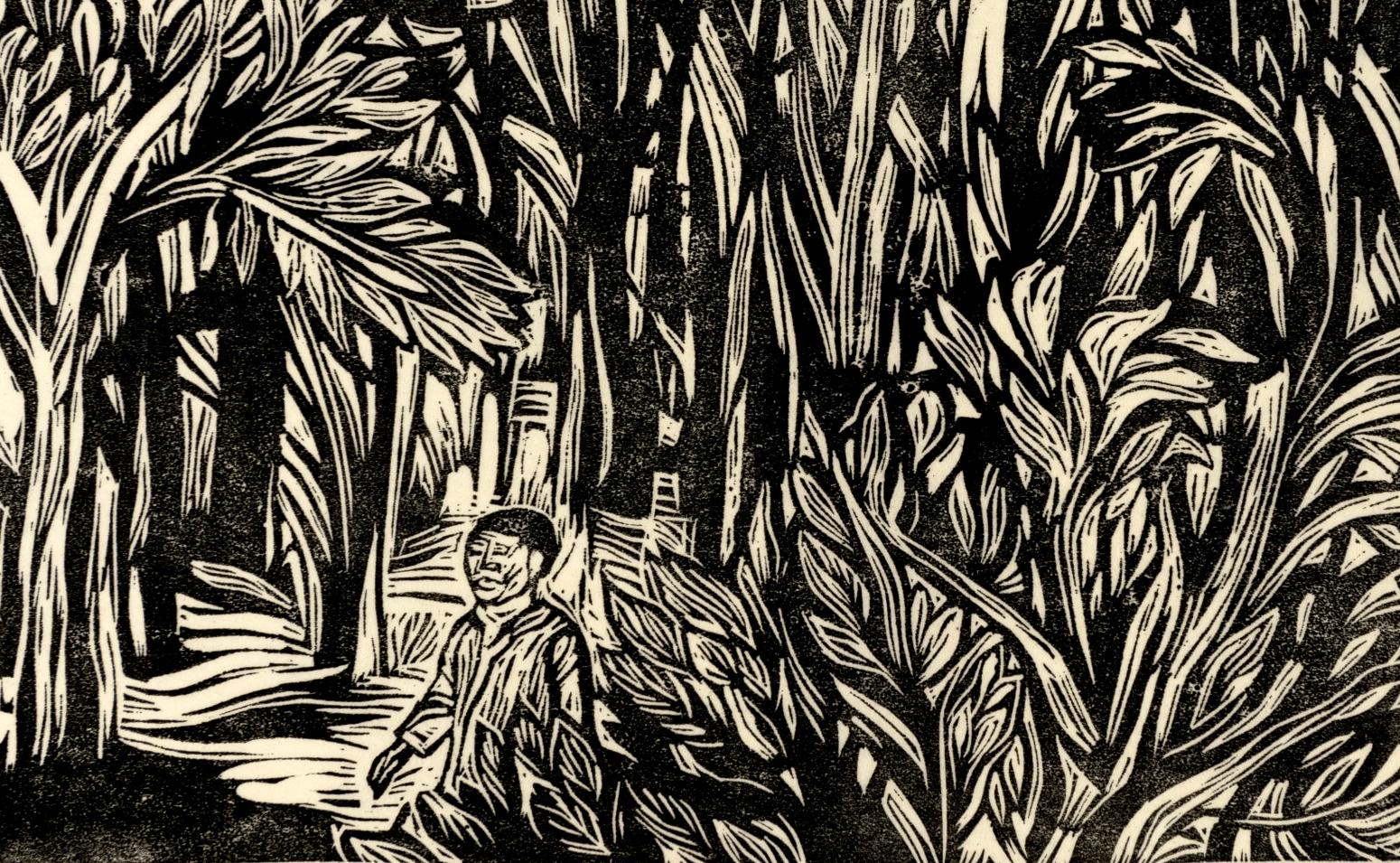 Woodcut of man alone in woods.