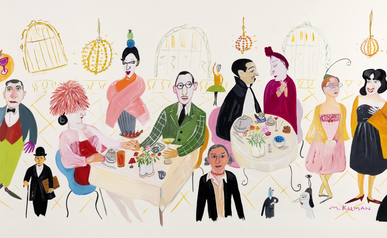 Illustration of fancy people sitting in restaurant. 