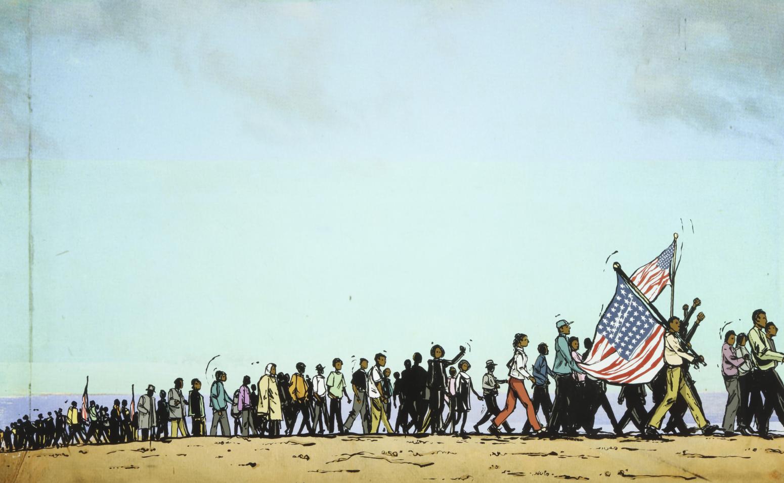 Illustration of marchers with flag.