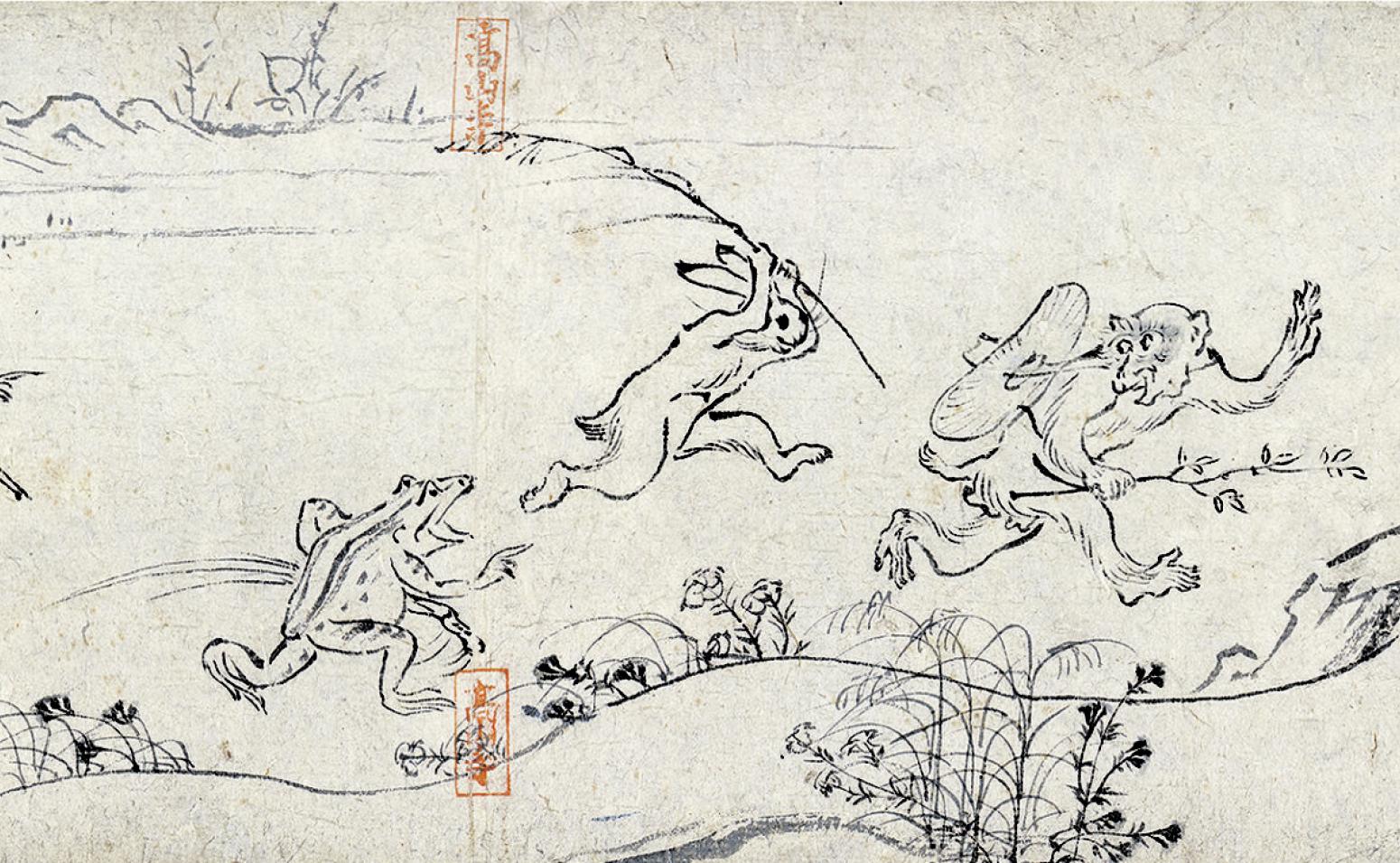 Illustration of monkey thief being chased by rabbit and frogs holding sticks. 
