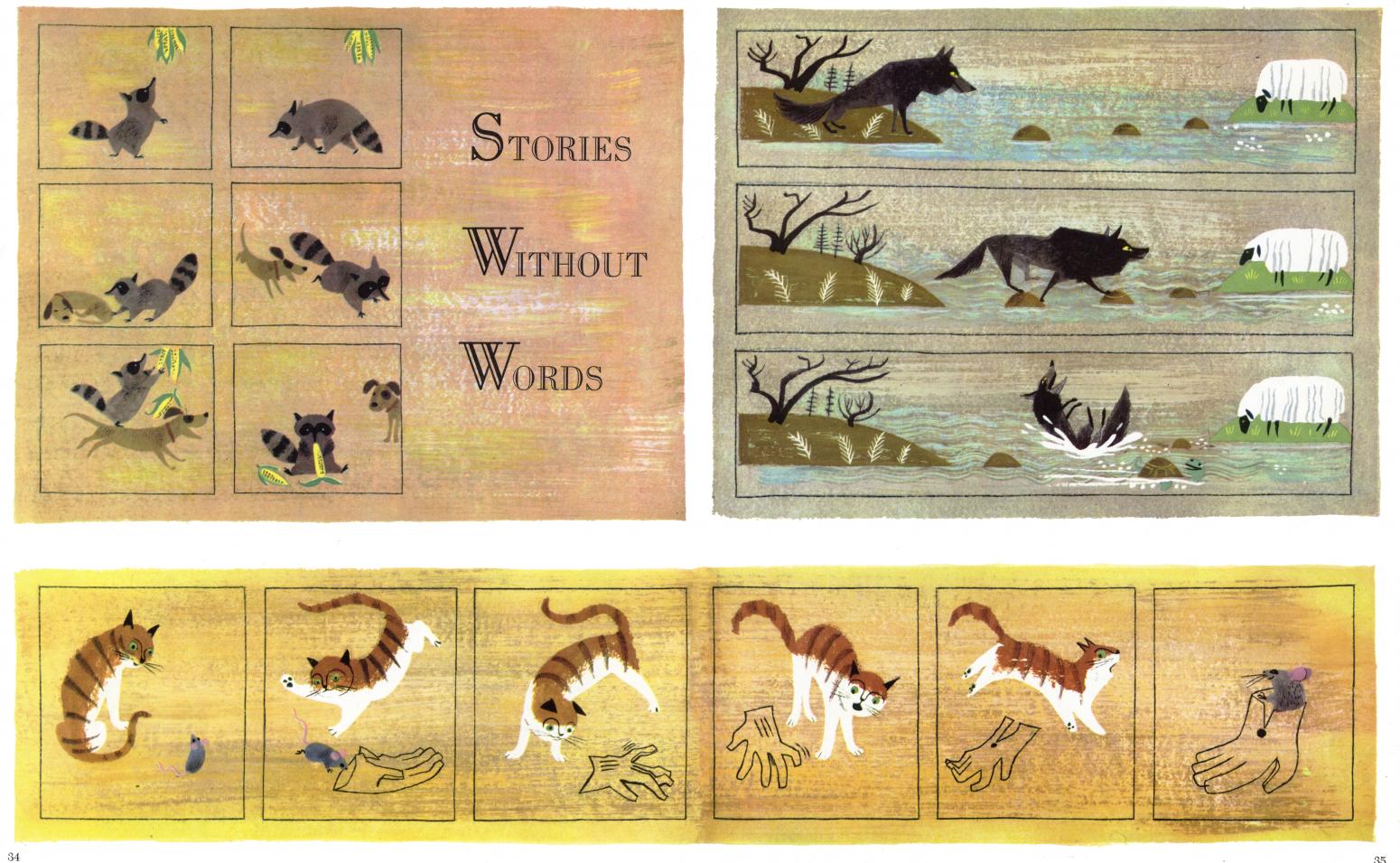 Illustrated panels of animals. 