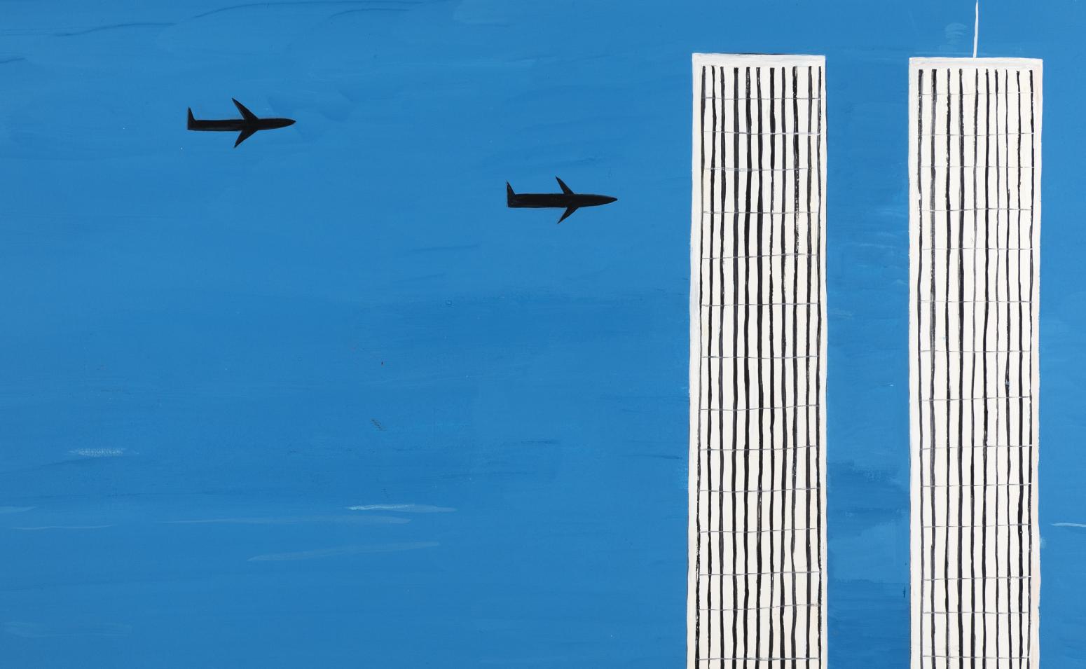 Illustration of two planes crashing into World Trade Center buildings.