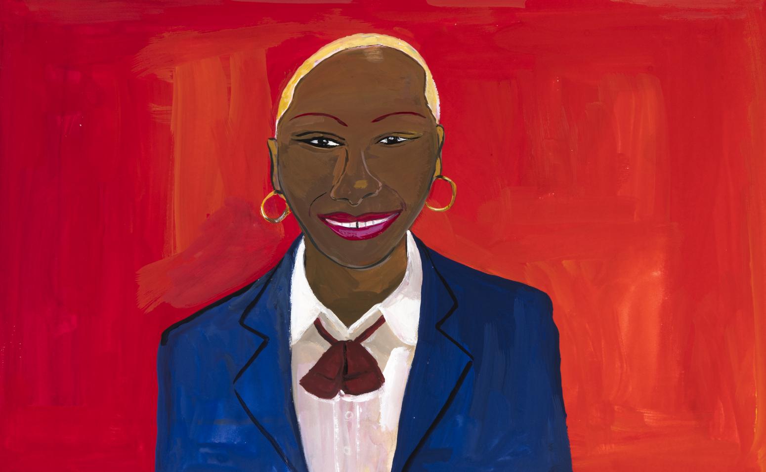 Illustration of museum guard smiling against red backdrop.