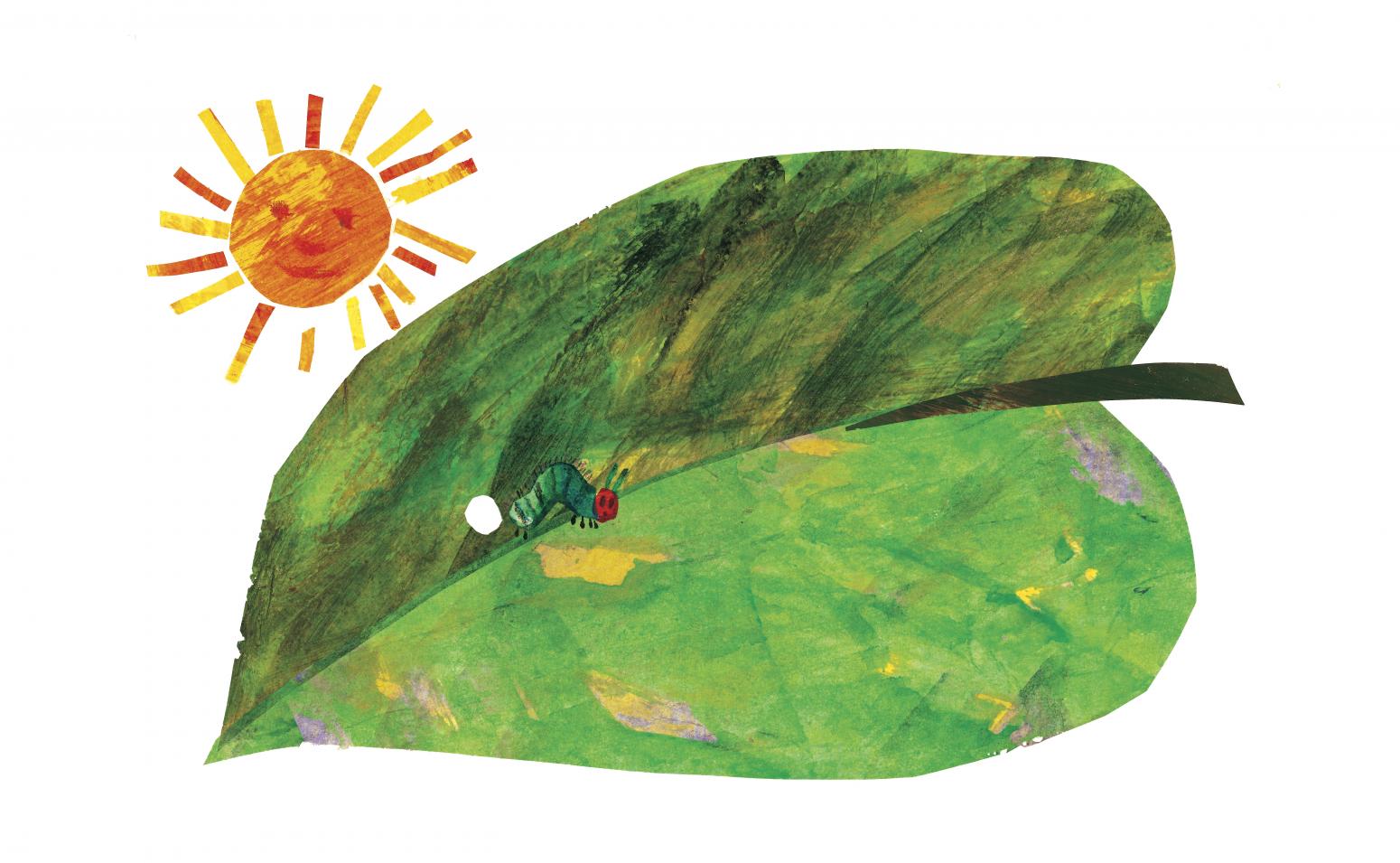 Illustration of caterpillar on leaf with hole punched out of leaf.