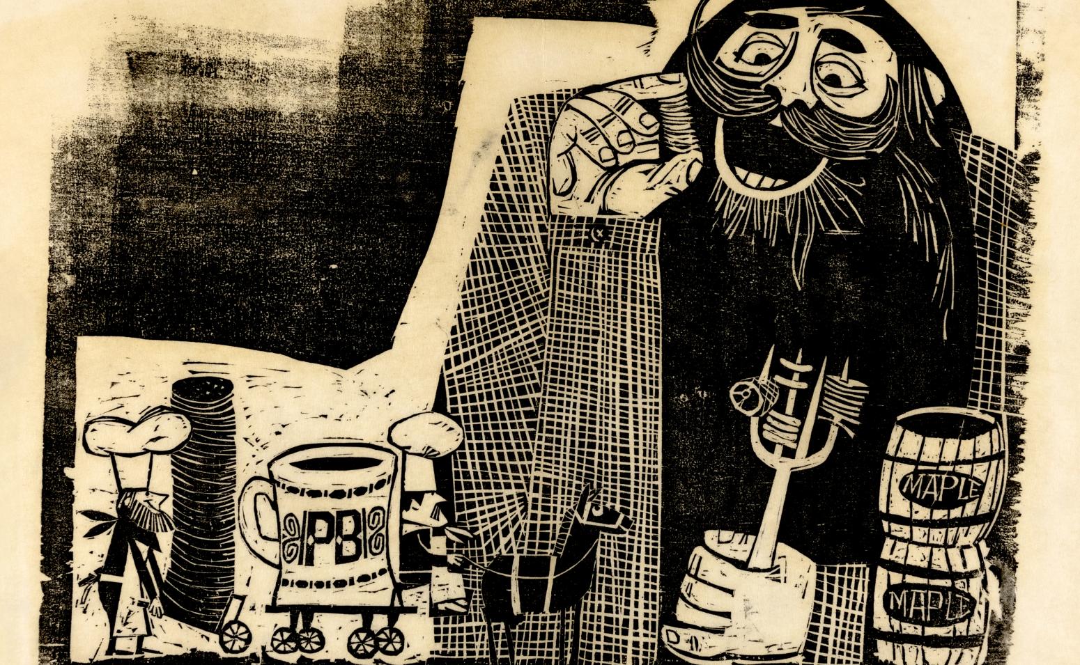 Woodcut illustration of Paul Bunyan eating pancakes 