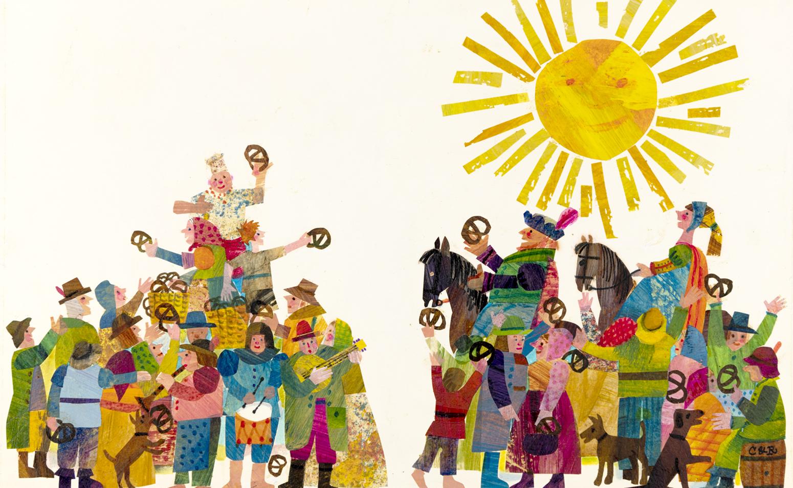 Illustration of crowds of people cheering with pretzels in sunshine. 