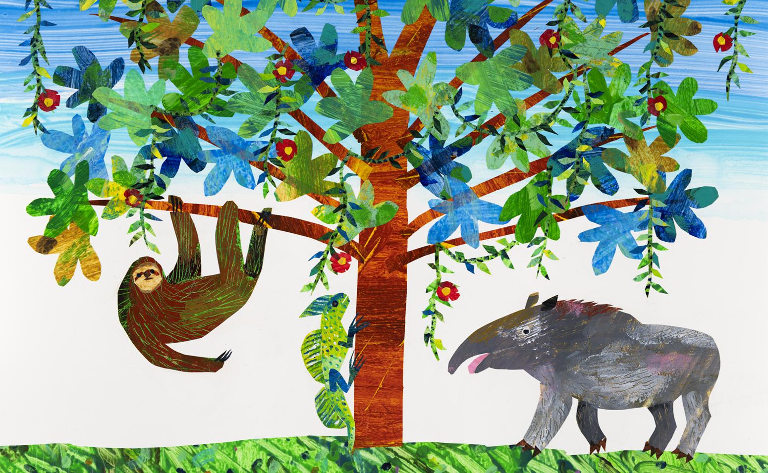 Illustration of sloth hanging from tree with advark. 