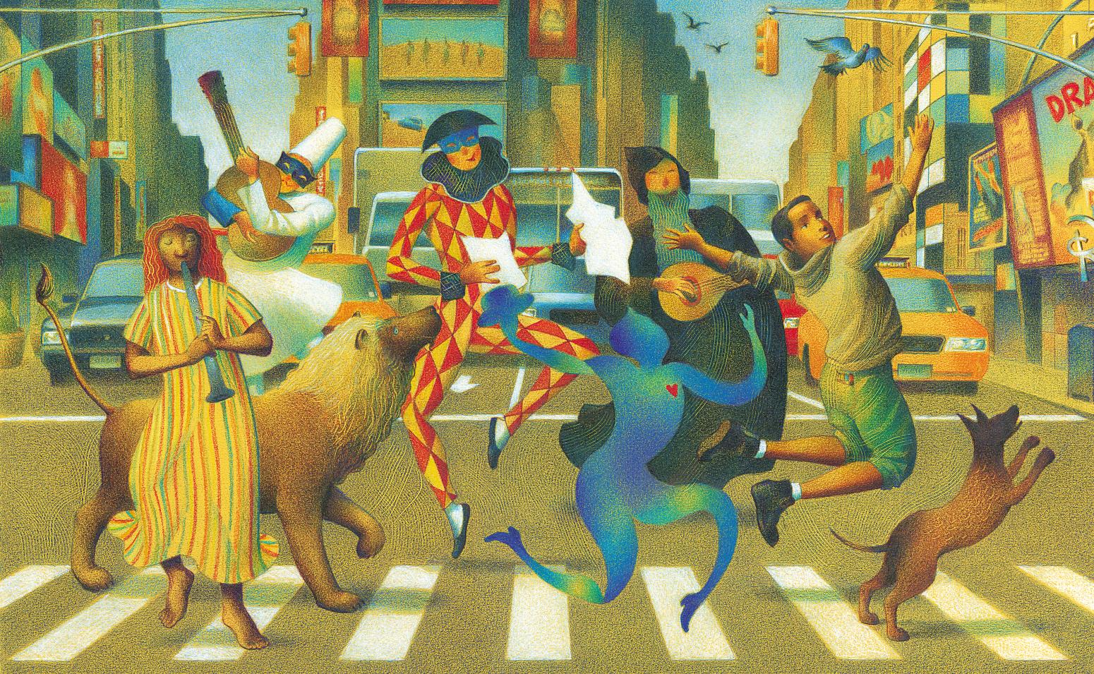 Illustration of people crossing the street. 