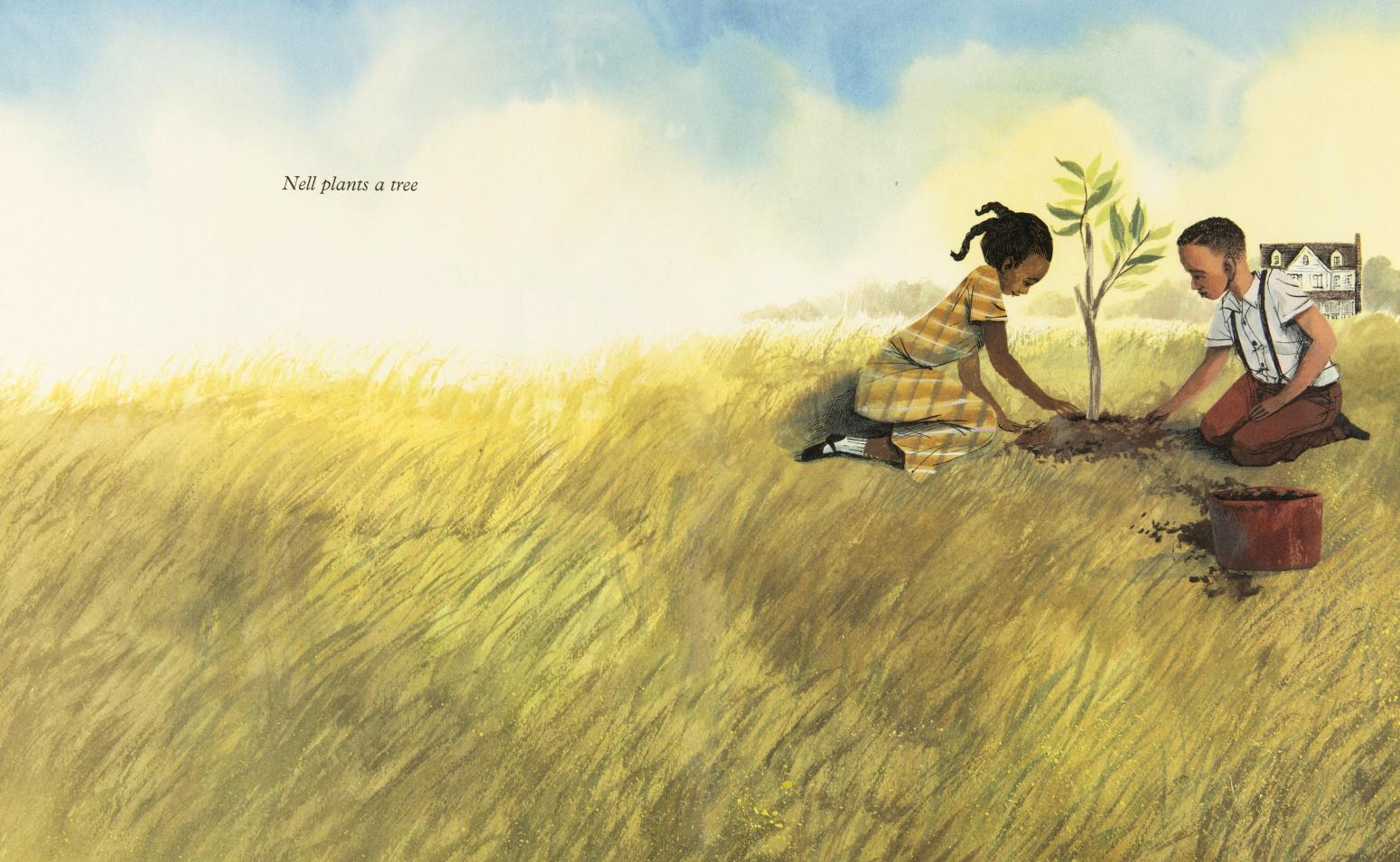 A girl and a boy in a wide field pat the soil around a small, newly planted tree. A white house is set in the distance behind them.