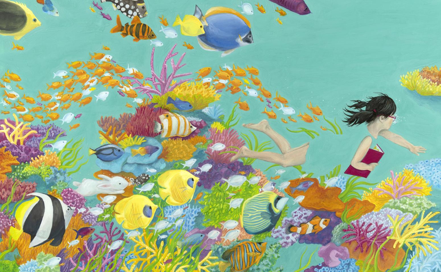 Illustration of girl swimming in reef. 