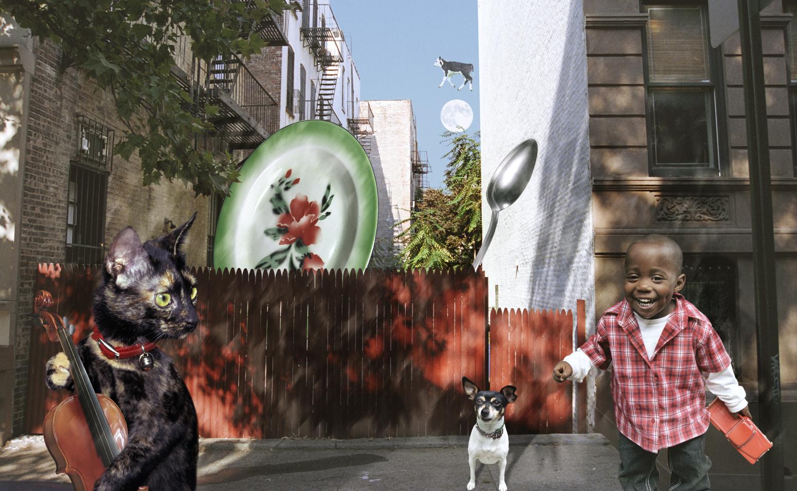 Photographic collage of boy with dog and plates and cat playing fiddle. 