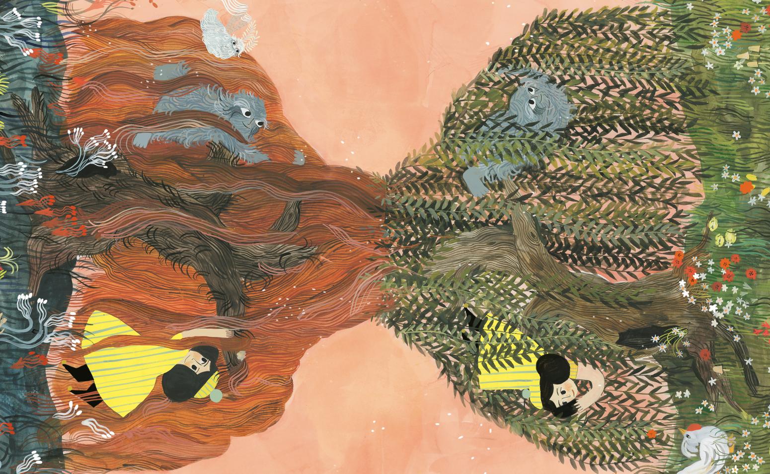 Illustration of girl in two landscapes mirror-imaged. 