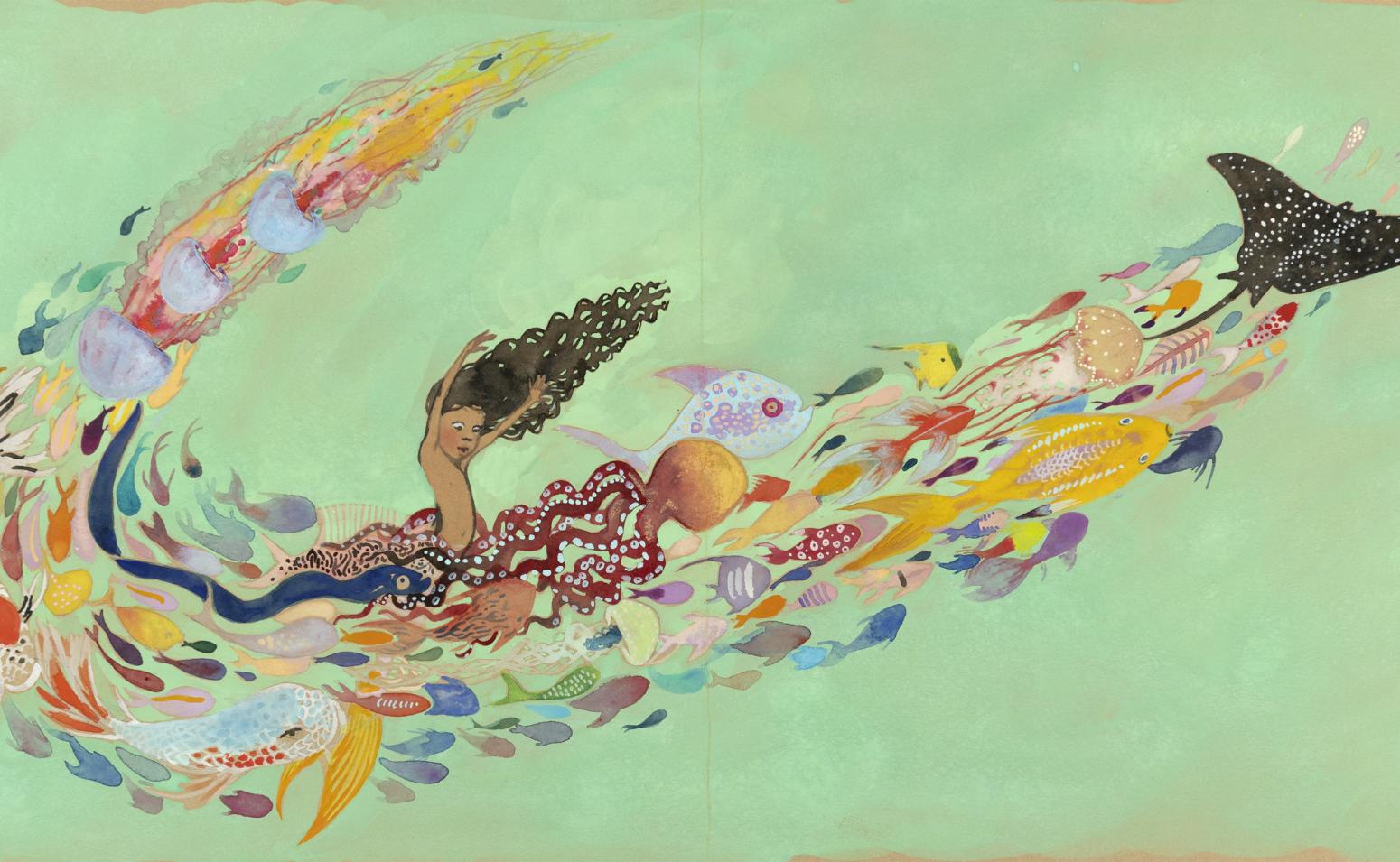 Illustration of mermaids in green-ish water