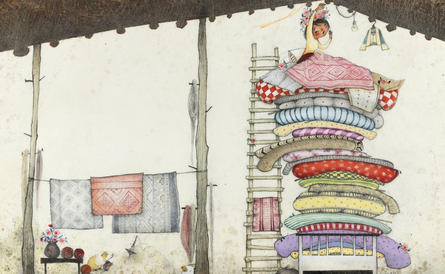 Illustration of child on huge stack of pillows. 