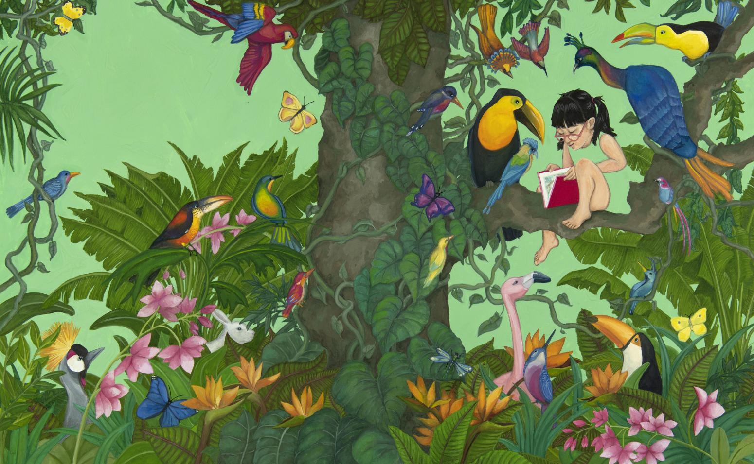 A girl reading in a jungle surrounded by birds and flowers. 