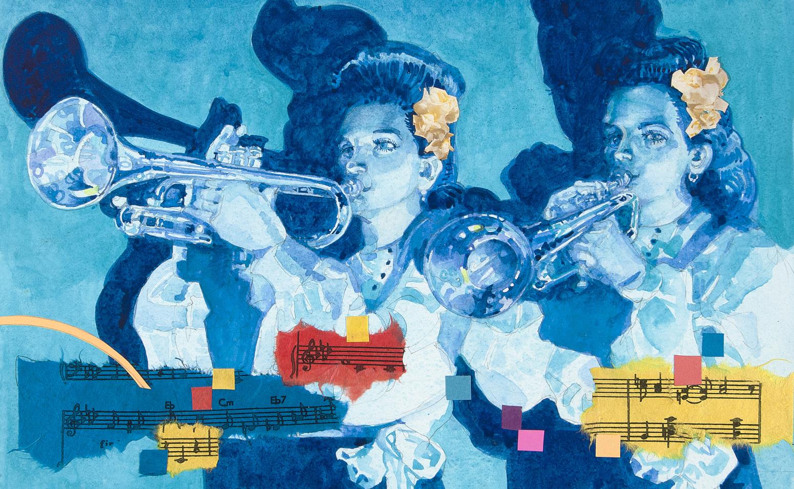 Illustration of girls playing trumpets. 