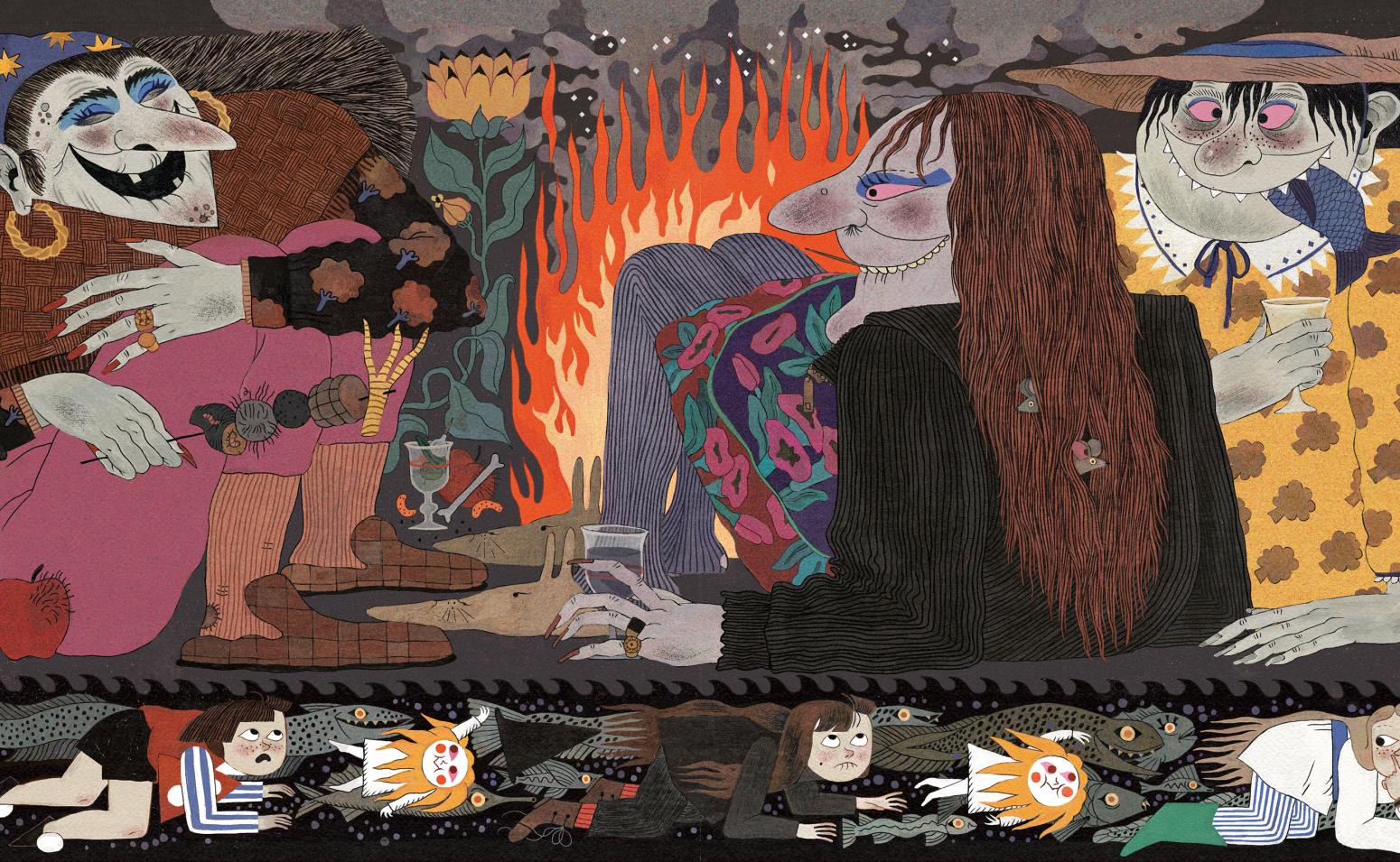 Illustration of witches in cave. 