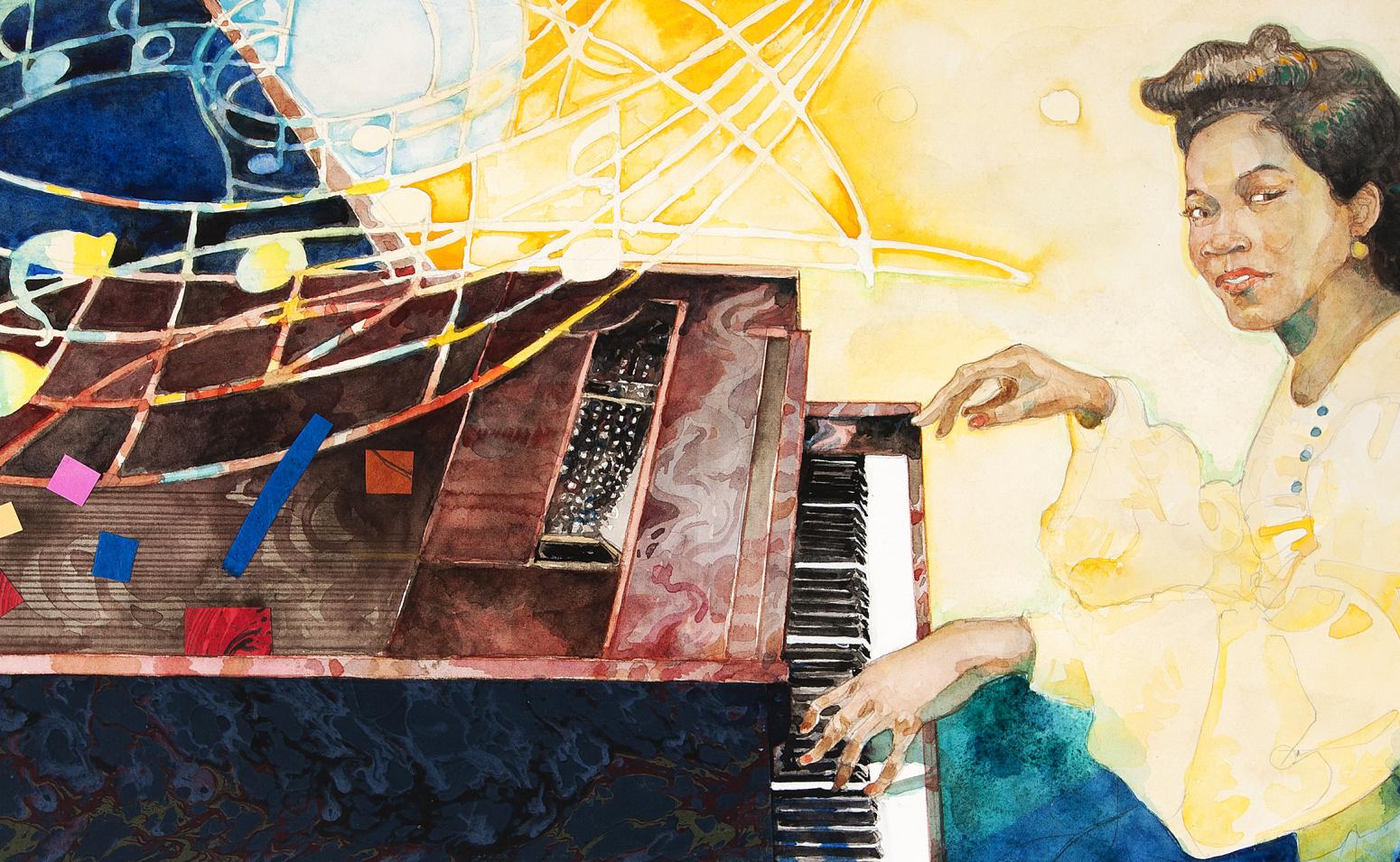 Illustration of woman playing piano. 