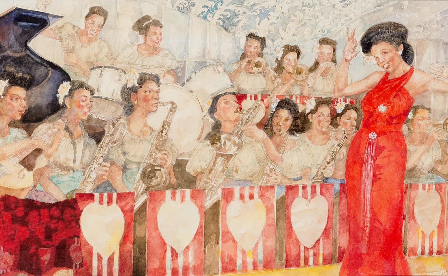 Illustration of woman singing with band. 
