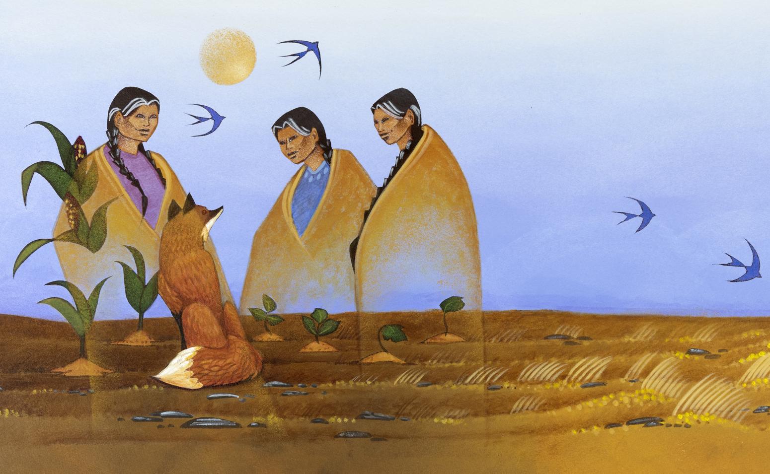 Painting of three elders with fox