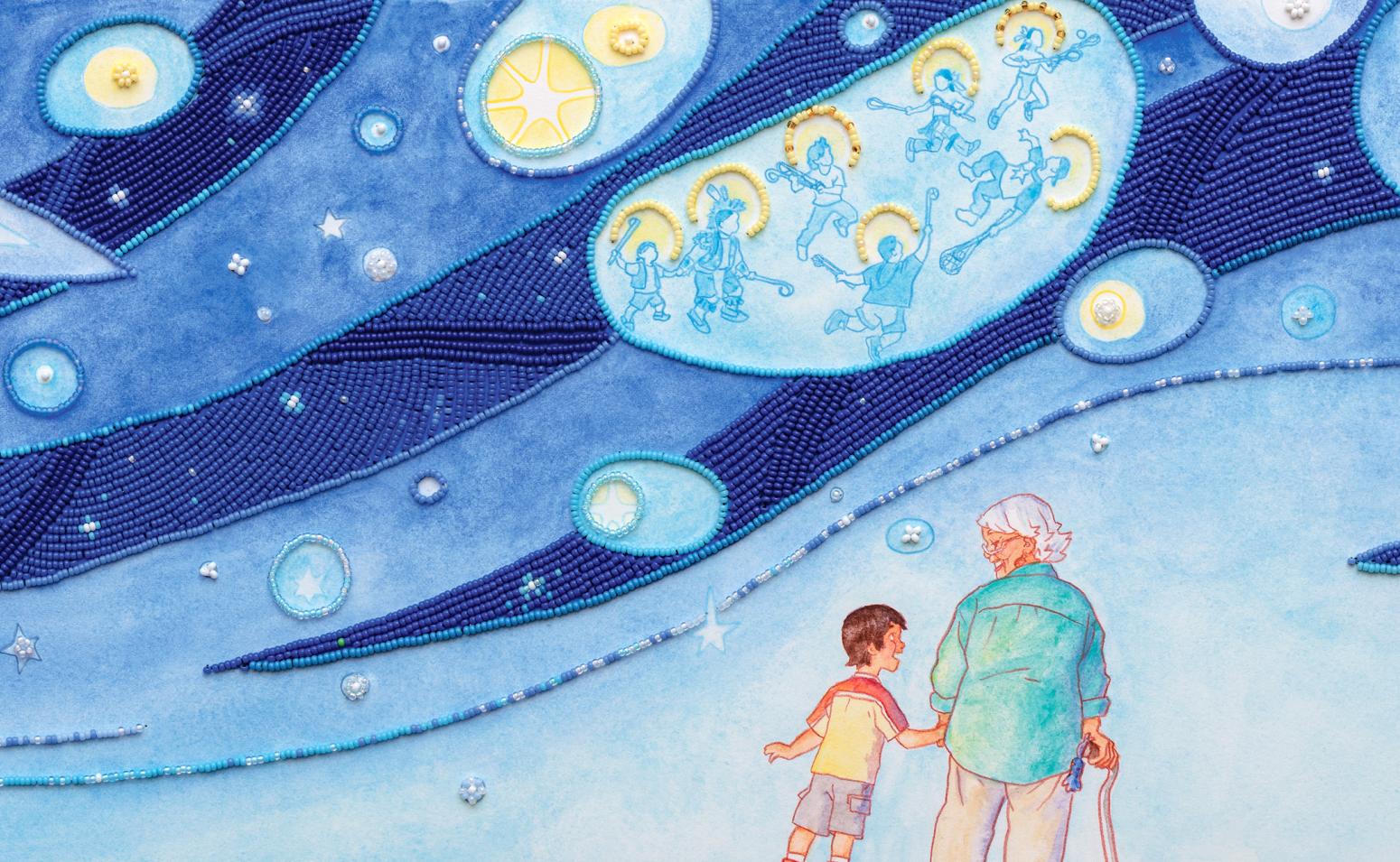 Illustration of person and child below blue sky. 
