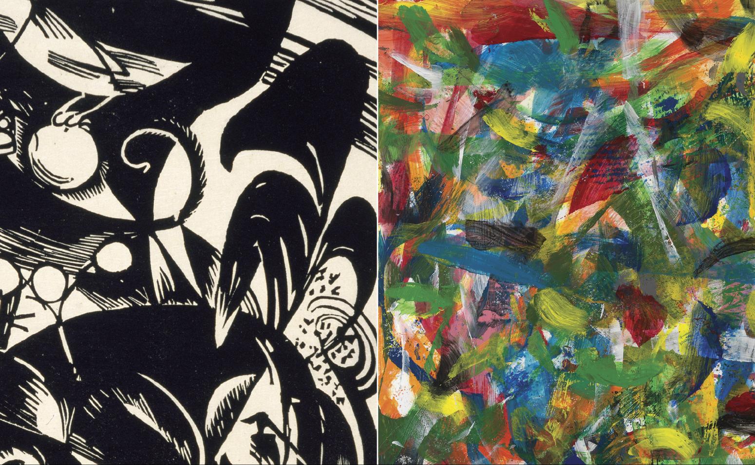Two Modernist abstract paintings: one black and white, the other colorful.