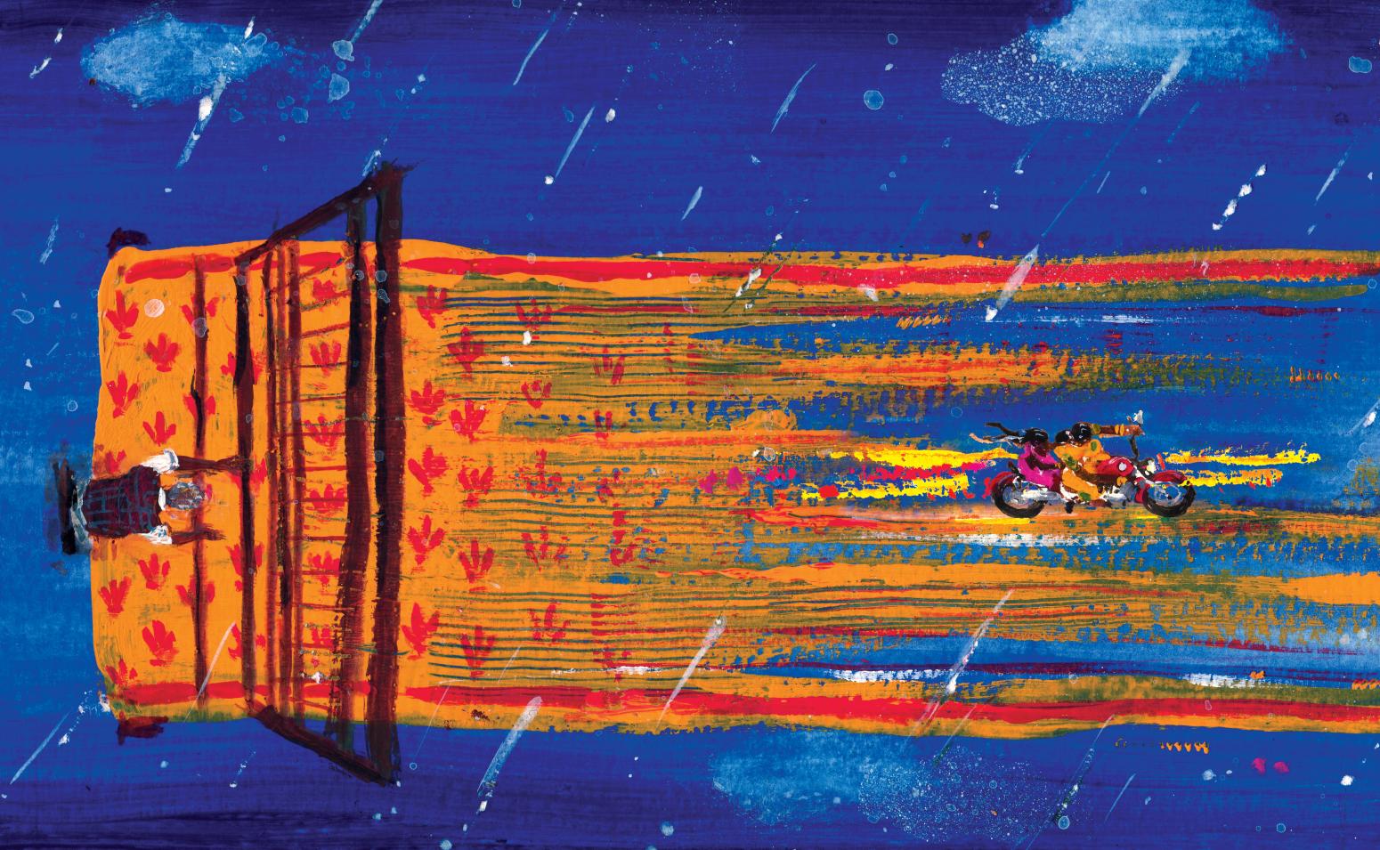 Illustration of motorcycle on weaving rug. 