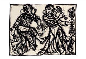 Image shows a black and white linocut illustration of two Black women playing instruments and dancing.