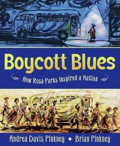 Cover image for Boycott Blues shows a top illustration of a person spotlight at night waiting for the bus. The lower illustrations shows a crowd of people passing a bus on foot.