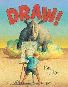 Cover image for Draw! Shows a child in a hat, quickly sketching a rhino who is charging toward him.