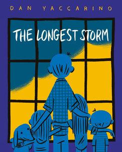 Cover image for The Longest Storm shows a family looking out a window at dark clouds.
